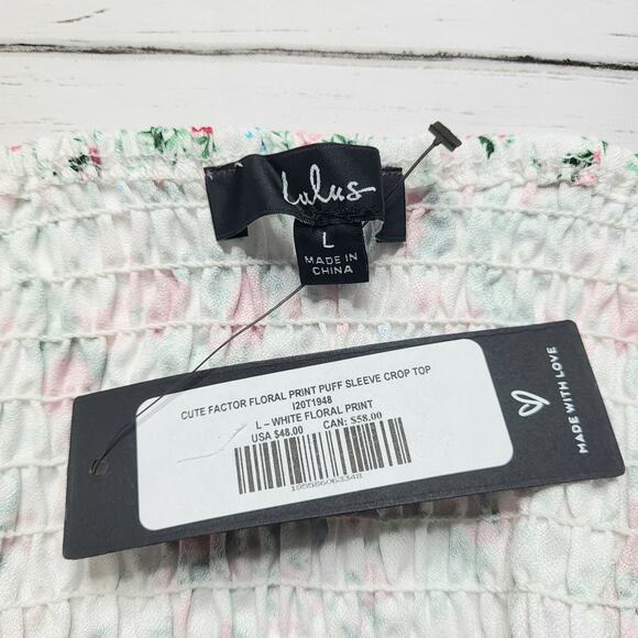 Lulus Cute Factor White Floral Puff Sleeve Crop Top Tiered Mini Skirt Set Large - Picture 8 of 13